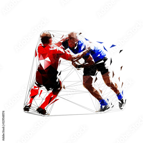 Rugby players dump, low polygonal isolated vector illustration. Rugby tackle