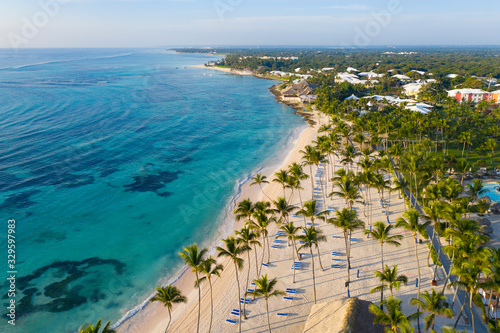 Aerial view of beautiful white sandy beach in Punta Cana, Dominican Republic