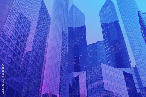 business office buildings background, modern architecture, skyscrapers with neon colors