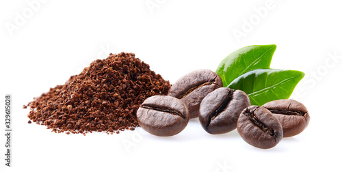 Coffee heap and coffee beans on white background