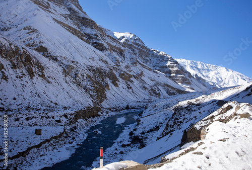 Splendid Landscape with spiti river and snow covered mountains in Spiti valley, Himalayas.