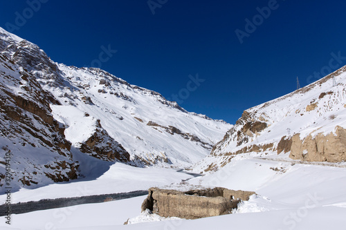 An abundant house and beautiful snow covered Landscape along Sipti river in Himalayas.