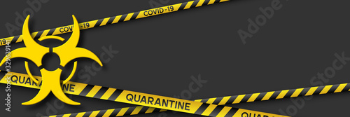 Warning coronavirus quarantine banner with yellow and black stripes and 3d infection symbol. Virus Covid-19. Black background with copy space. Quarantine biohazard sign. Vector.