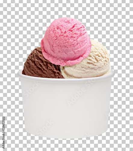 Strawberry, vanilla, chocolate ice cream scoops in white blank paper or cardboard cup on isolated background including clipping path