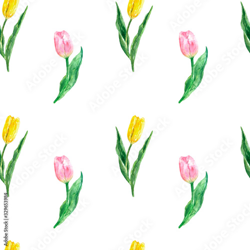 Watercolor tulips seamless pattern. Pastel pink and yellow tulip flowers on white background. Spring botanical repeat print. Hand drawn illustration.