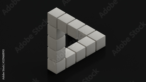 3D rendering of an impossible triangle of white cubes on a black surface. Monochrome image for background, screen saver. The idea of a mathematical and geometric puzzle, an optical illusion.