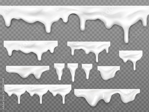 Realistic dripping milk drops, melted white liquid yoghurt, mayonnaise splashes, glossy seamless cream border with falling droplets, molten texture isolated on transparent background, 3d vector mockup