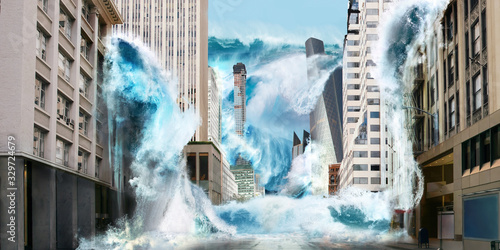 Big tsunami wave destroy city with flooding on streets with skyscrapers new yourk or tokio japan