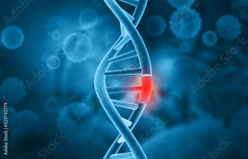 Damages Dna on scientific background. dna disease. 3d illustration