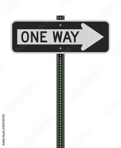 Vector illustration of the One Way horizontal right arrow road sign on metallic green post (easily editable to left arrow)