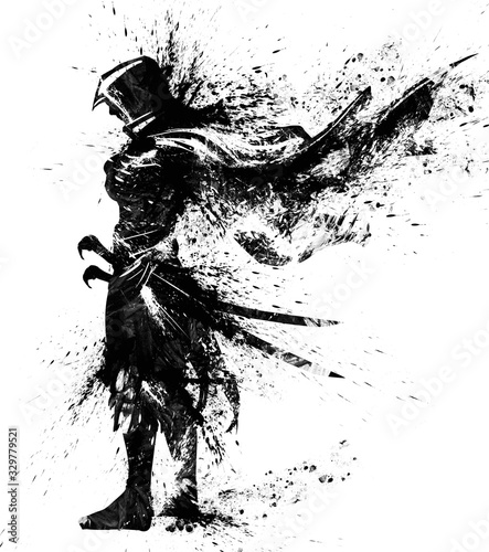 Asassin in a cloak with a hood, proudly standing with his hands on his chest, he has 2 sabers on his belt. Drawn by brush strokes and blots. 2d illustration.