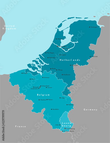 Vector modern illustration. Simplified political map of states of Benelux Union and neighboring areas. Blue background of North Sea. Names of largest cities of Belgium, Netherlands, Luxembourg
