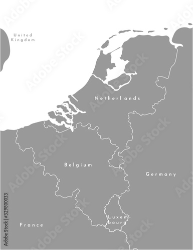Vector modern illustration. Simplified grey political map of states of Benelux Union and neighboring areas. White background of North Sea.