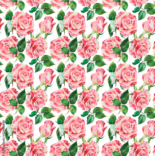 Watercolor seamless pattern with rose, red, pink roses flowers, botanical drawing. Stock illustration. Fabric wallpaper print texture.