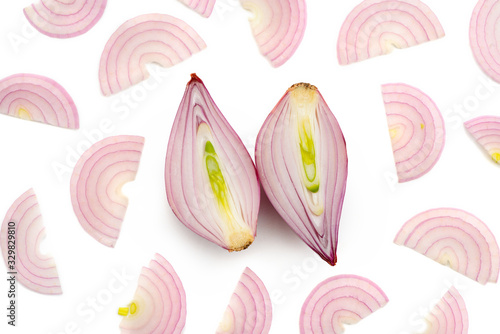 Sliced red shallot onion on white background