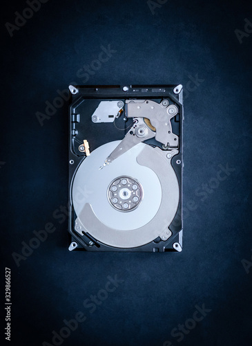 Top view of hard disk drive of personal computer on black table