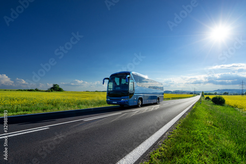 Blue bus driving on the asphalt road between the yellow flowering rapeseed fields under radiant sun in the rural landscape