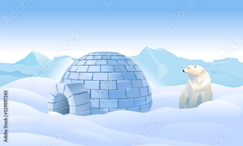 Igloo in the north. Housing in the north. Bear have an igloo. Northern landscape. Life in the north in the ice. Polar bear have an igloo. Vector illustration