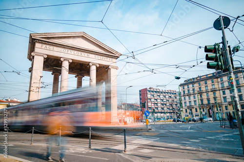 Milan / Italy - March 2020: Milan, Porta Ticinese, Tram with motion blur, long exposure