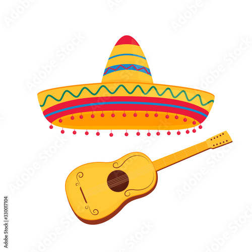 Spanish guitar and mexican sombrero vector illustration isolated on white background