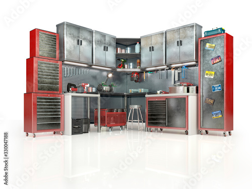 Cabinets with garage tools. 3d illustration