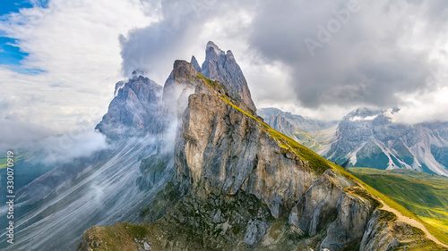 Amazing landscape of the Dolomites Alps. Location: Odle mountain range, Seceda peak in Dolomites Alps, South Tyrol, Italy, Europe. Artistic picture. Beauty world. Panorama