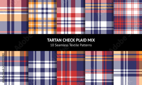 Tartan plaid pattern set in blue, orange, red, and white. Seamless check plaid graphics for flannel shirt, skirt, blanket, duvet cover, or other autumn, and winter fabric prints.