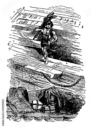 Robinson Crusoe looting the wreck, vintage illustration