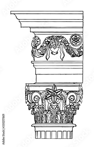 Corinthian Order, the Temple of Vesta, vintage engraving.