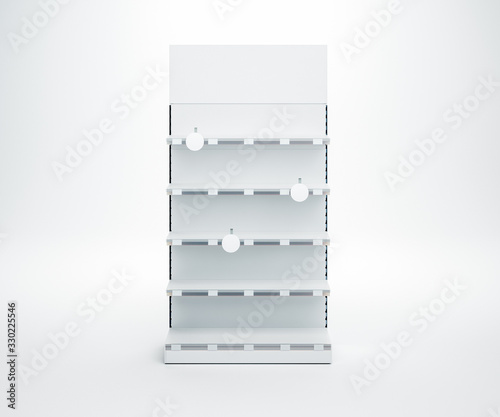 3D image of front view white blank showcase display shelves with topper, wobler, price tags staying on isolated white background