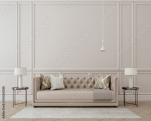 Modern classic interior.Sofa,side tables with lamps.White wall and wooden floor with carpet. 3d rendering