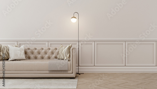 Modern classic interior.Sofa, pillows with floor lamps.White wall and wooden floor with carpet. 3d rendering