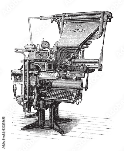 Old linotype machine / vintage illustration from Brockhaus Konversations-Lexikon 1908