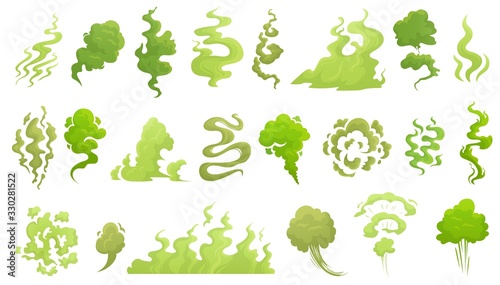 Smelling smoke. Bad smell cloud, green stink aroma and stinky smoke cartoon vector illustrartion set. Smell cloud and stink toxic, aroma stench