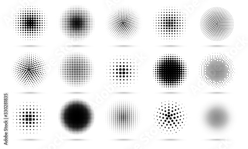 Circle halftone. Abstract dotted circles, round halftones geometric dots gradient and pop art texture. Dot spray gradation vector set. Illustration halftone gradient spotted, effect round