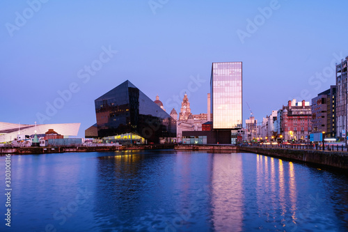 Skyline of Liverpool, England, UK during the night. Modern buildings