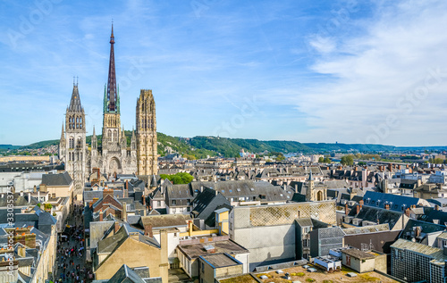 Panoramic view of Rouen, with the gothic Cathedral of Notre-Dame, on a sunny afternoon. Normandy, France.