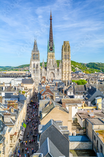 Panoramic view of Rouen, with the gothic Cathedral of Notre-Dame, on a sunny afternoon. Normandy, France.