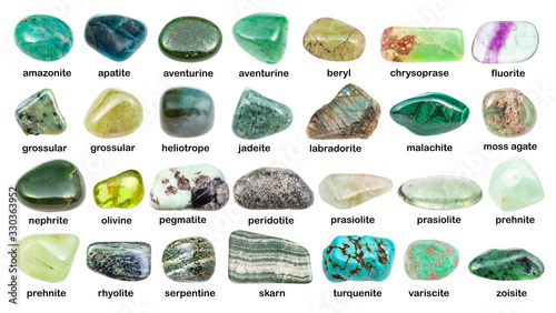 collage of various green gemstones with names