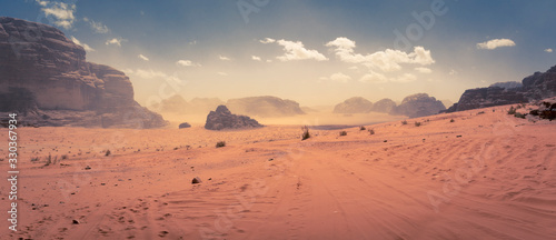Panorama of the Wadi Rum desert in Jordan during a slight sand storm