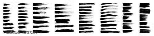 Brush strokes, black ink lines, vector abstract set with paint brush grunge texture on white background. Paintbrush strokes and ink smear stains