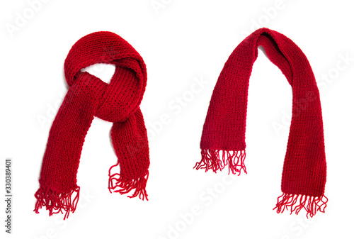 Red knitted scarf on a white background.