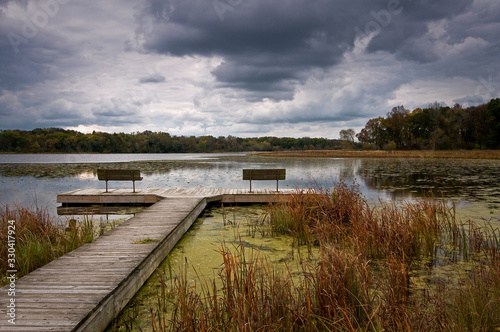 An overcast fall day on Lake Defiance, Moraine Hills State Park, McHenry, Illinois.