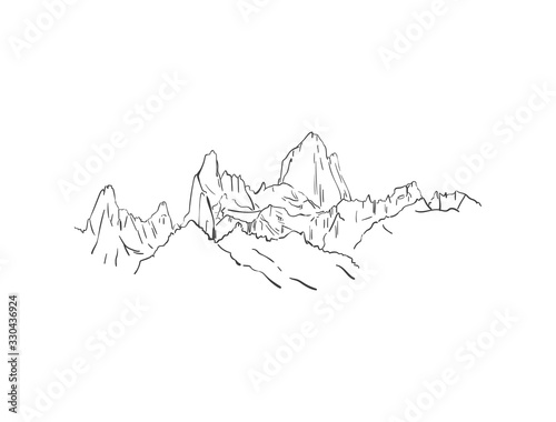 Linear sketch of Fitz Roy mountain massif in Patagonia, Hand drawn vector illustration