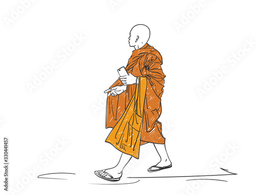 Colored sketch of walking buddhist monk with smart phone in hand, Hand drawn vector illustration isolated