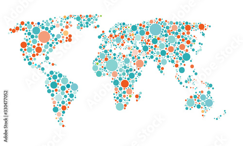 Dots style world map. Abstract world map of green round dots. Vector illustration