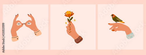 Set of three pairs of Tender female hands. Different gestures. Hands with bird and flower. Shadow puppet eyes. Hand drawn colored trendy vector illustrations. All elements are isolated