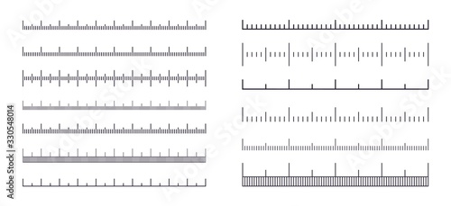 Measure scale. Ruler with meter, centimeter or inch marks, line length graphic with no numbers. Vector illustration rulers with measurement scale chart