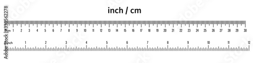 Marking rulers 30 cm, 12 inch.Ruler scale measure.Length measurement scale chart. Ruler 30 centimeter and 12 inch. Black on a white background - stock vector.