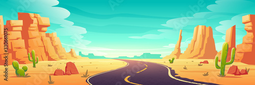 Desert landscape with road, rocks and cactuses. Vector cartoon illustration of highway turn in Arizona or Mexico hot sand desert with orange mountains. Summer western american landscape